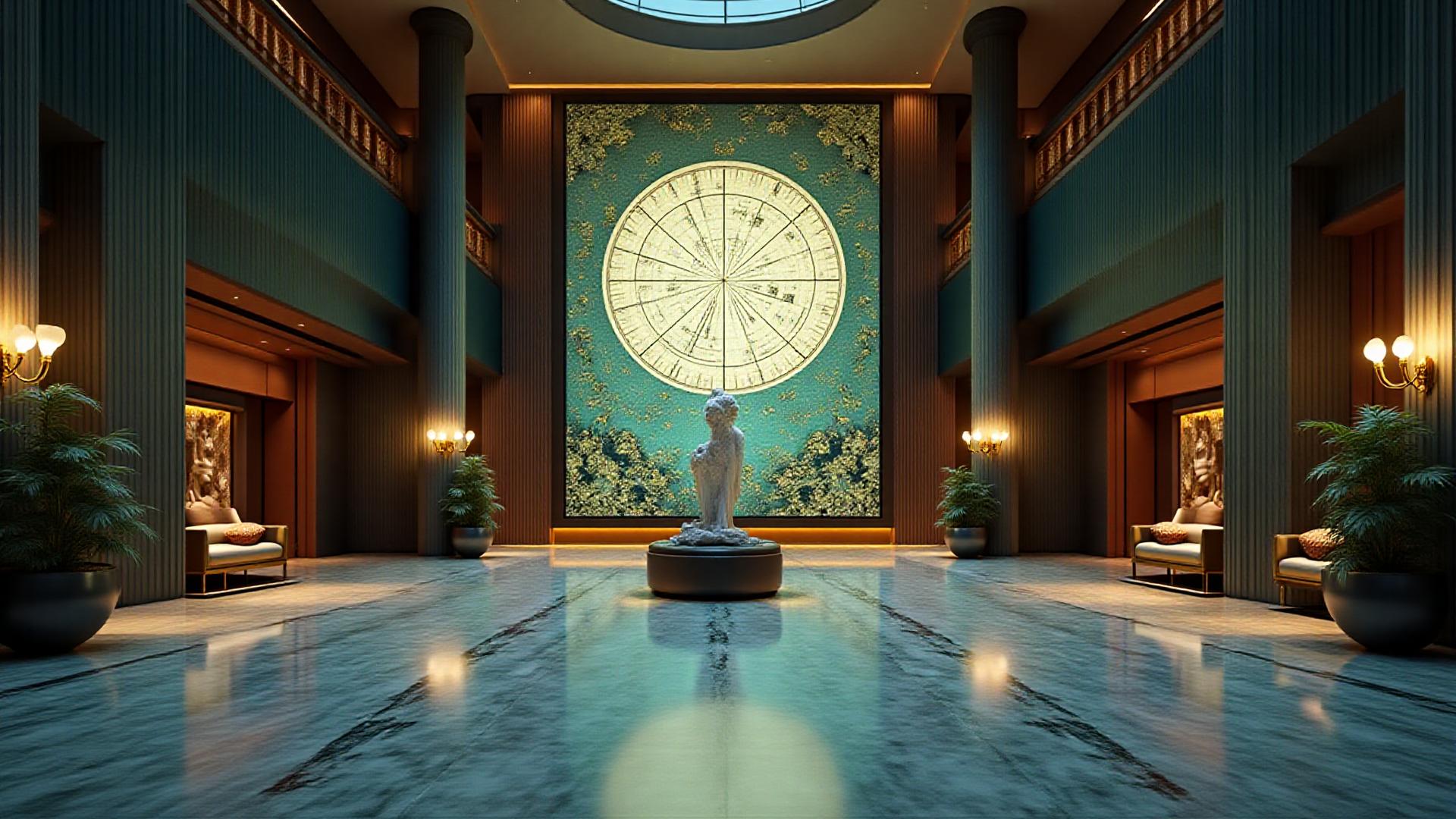 Panoramic view of Meridian Atlas Suites atrium with vintage map installations